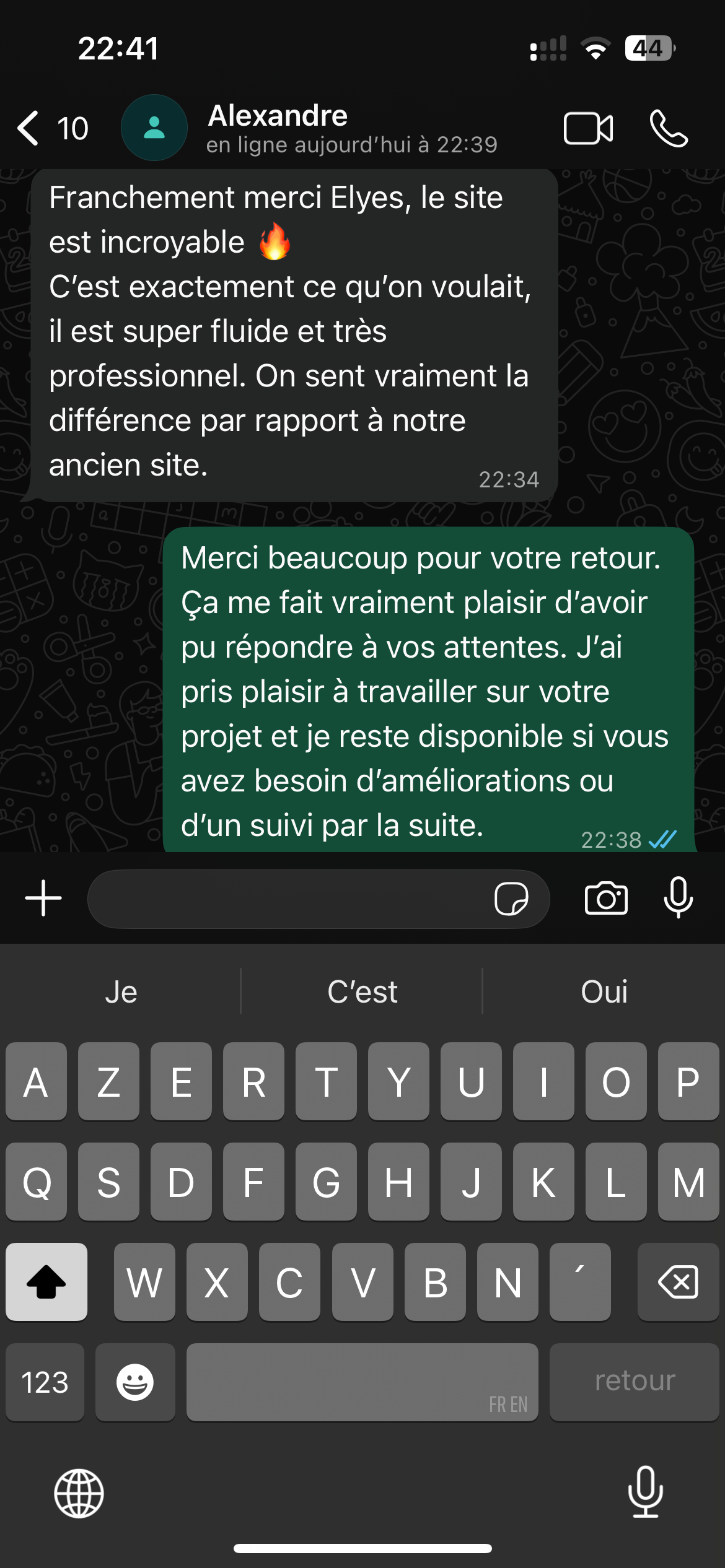 Avis client Basilis Digitale - Capture d'écran WhatsApp/Slack 1