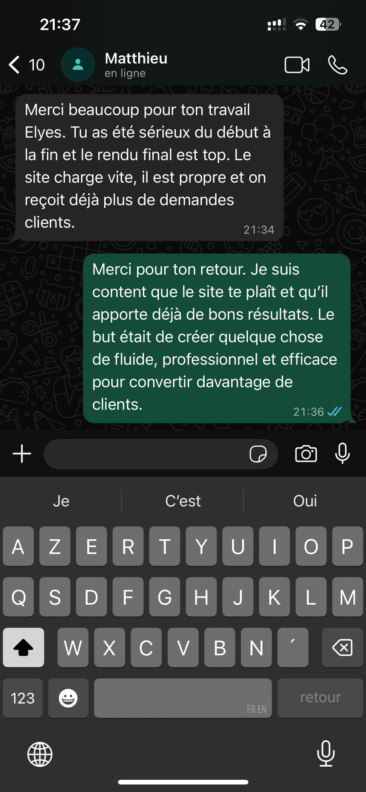 Avis client Basilis Digitale - Capture d'écran WhatsApp/Slack 2