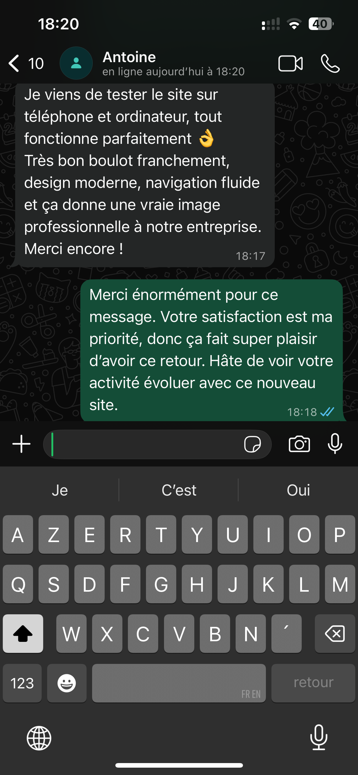 Avis client Basilis Digitale - Capture d'écran WhatsApp/Slack 4
