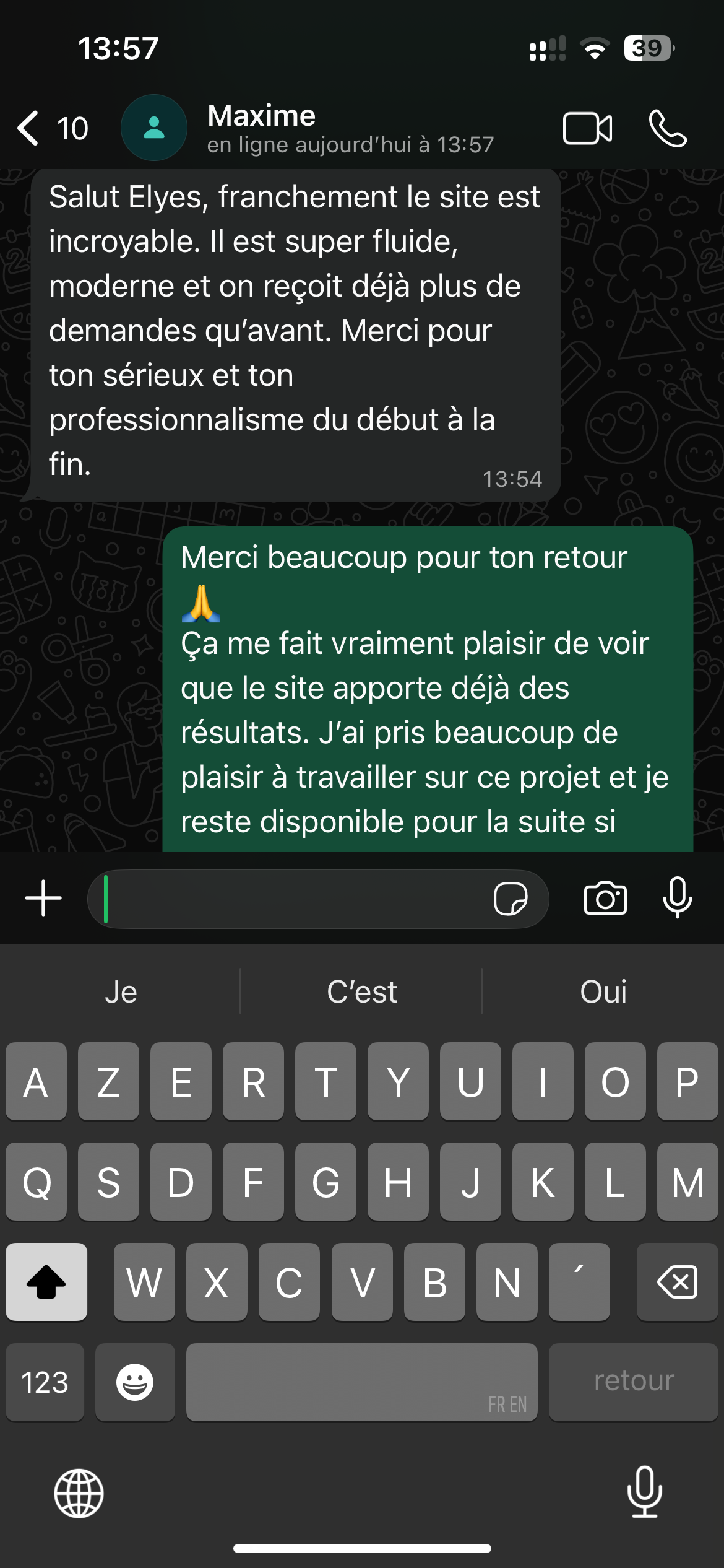 Avis client Basilis Digitale - Capture d'écran WhatsApp/Slack 5